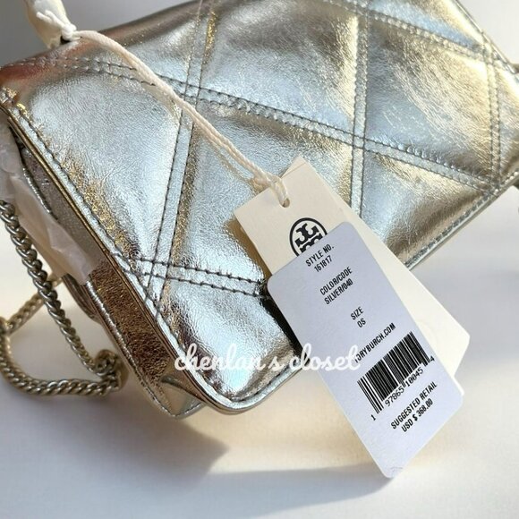 Tory Burch Silver Quilted Crossbody Bag with Chain Strap - Picture 5 of 12